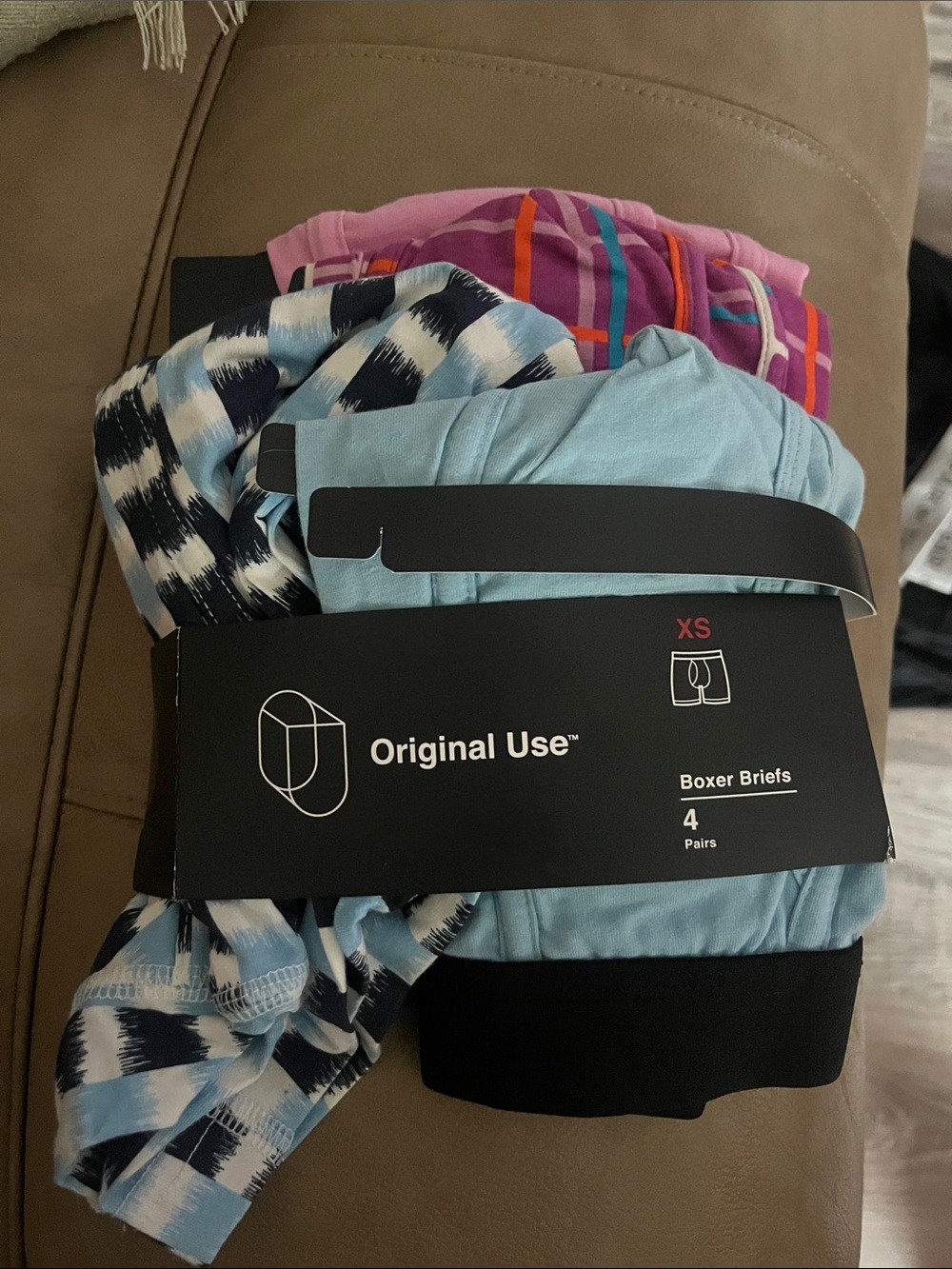 Original Use Men's Light Blue, Navy Pattern & Pink Stripe Boxer Briefs - 4 Pack